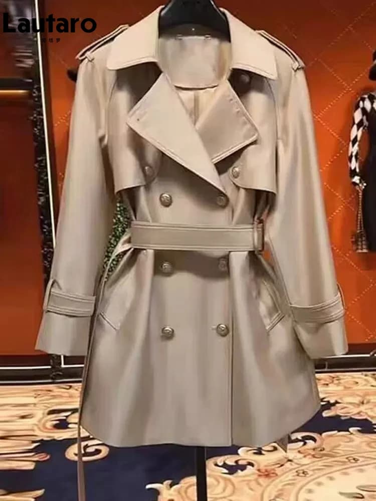Lautaro-Manteau en satin pour femme, double boutonnage, ceinture, élégant, haute qualité, vêtements 