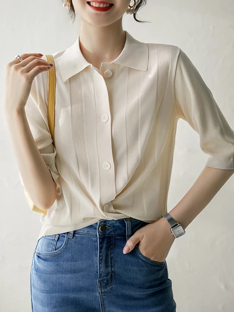 Col rabattu t-shirt Femme mode coréenne vêtements bouton t-shirts pour femmes à manches courtes 2025