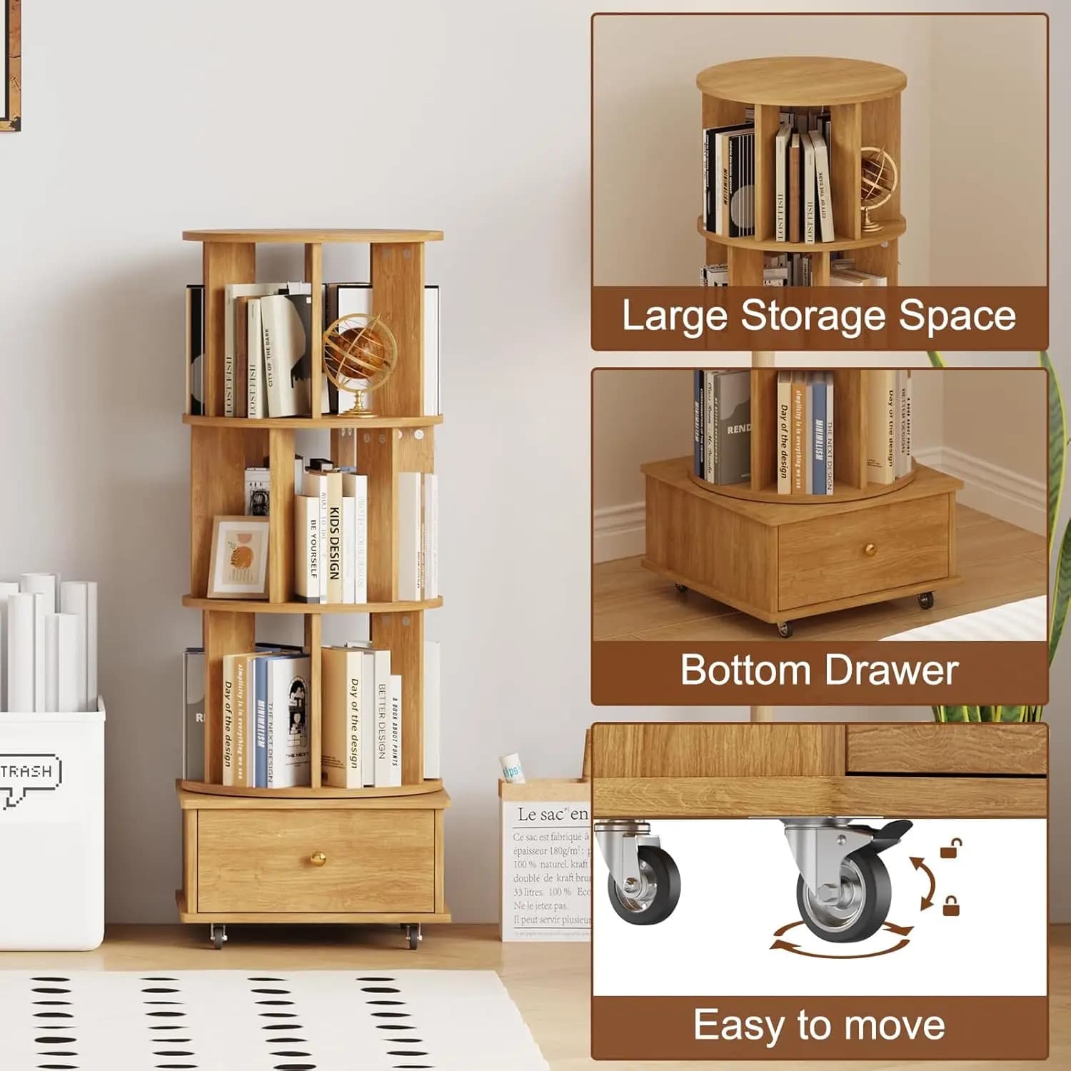 Étagère rotative à 3 niveaux avec tiroirs et roulettes, bibliothèque d'angle 360°, tour de rangement
