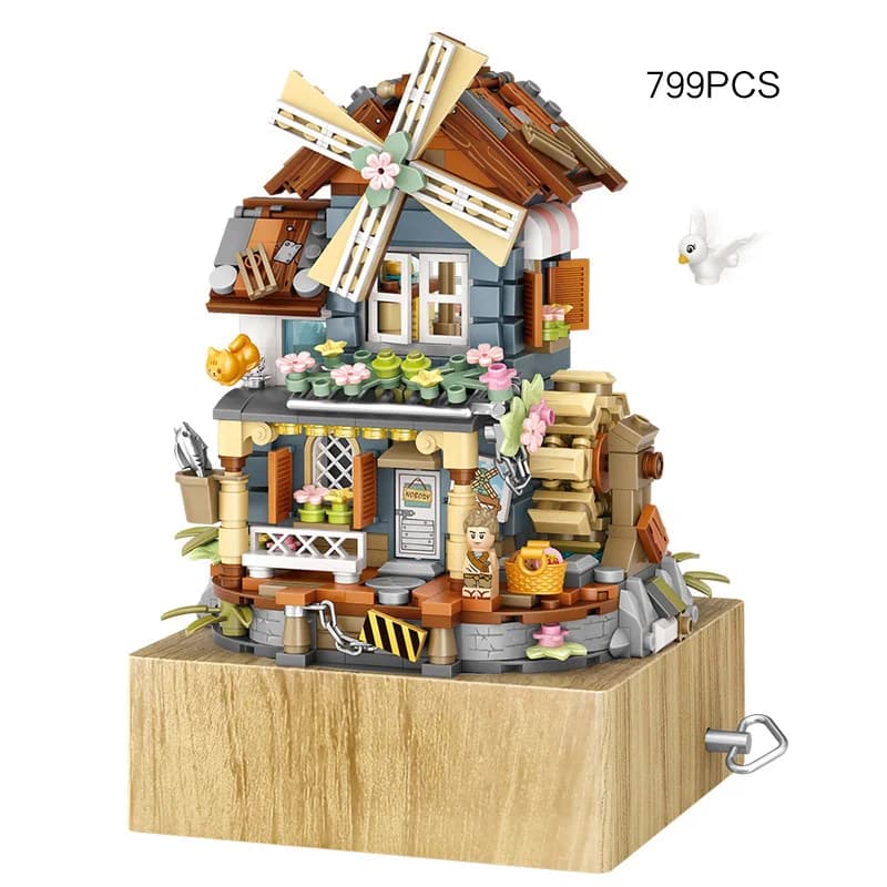 Mini blocs de construction créatifs avec figurines, thème maison à moulin à vent et vue sur la ville