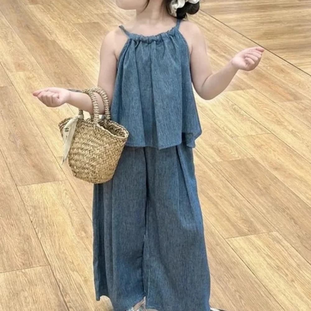 Tenue d'été Simple et décontractée pour filles, haut à bretelles sans manches + pantalon, ensemble 2