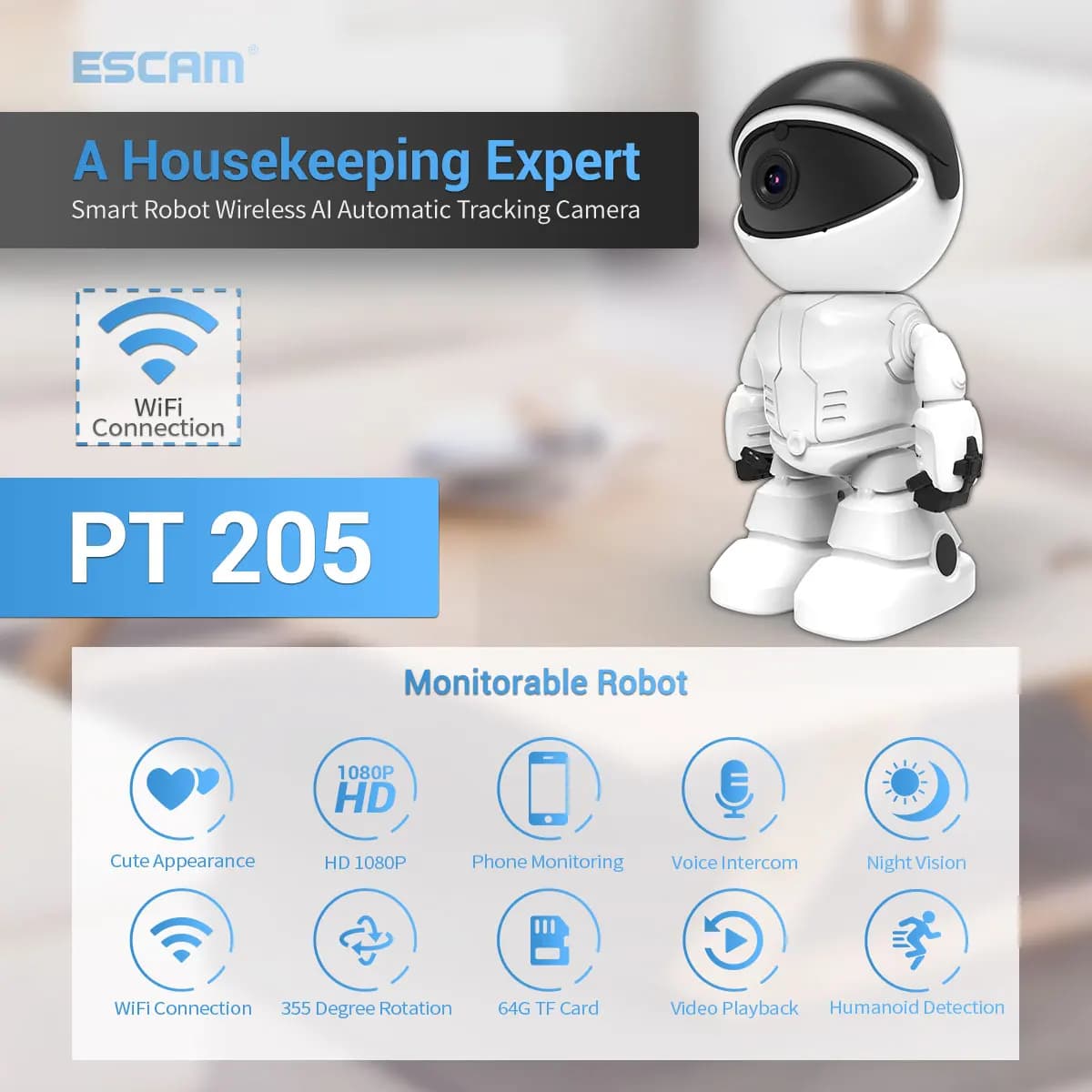 ESCAM PT205 1080P caméra IP intelligente Robot WIFI intérieur bébé moniteur Vision nocturne sécurité