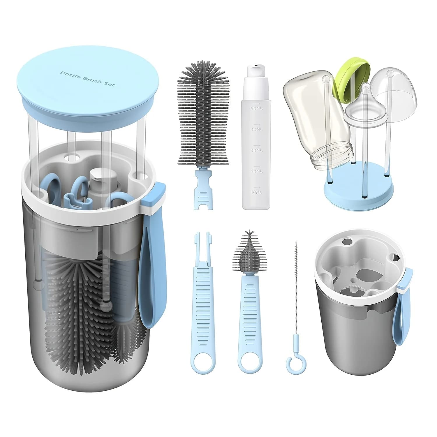 Ensemble de brosses à bouteilles ortable, matériau ABS, avec brosses en silicone, égouttoir et acces