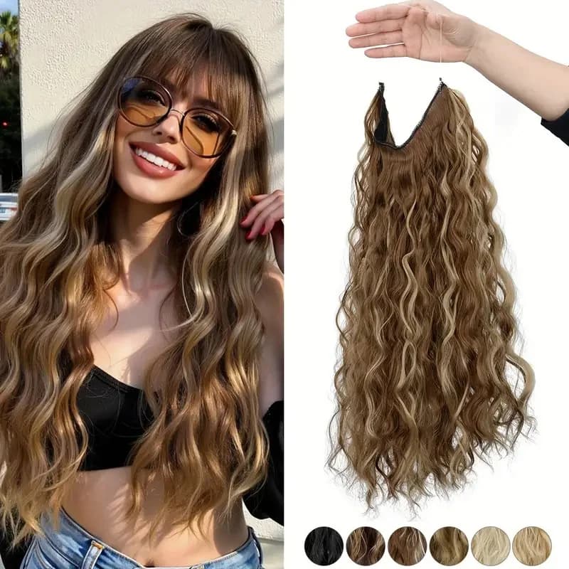 Extension capillaire synthétique de ligne de pêche de 18 pouces, postiche noire Blonde une pièce lon