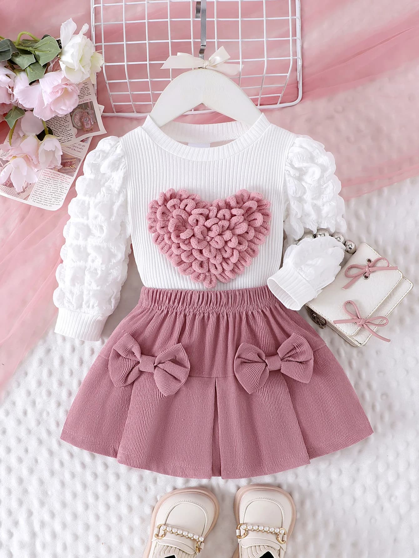 Ensemble 2 pièces d'hiver pour filles de 0 à 3 ans, manches à bulles confortables, douces et mignonn