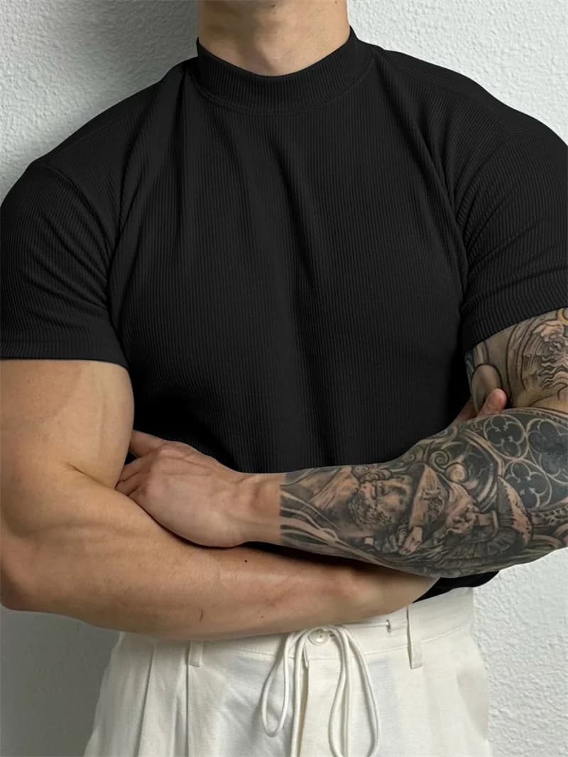 Nouveau T-shirt homme tendance 2026 – Haut de sport à col montant rayé, manches courtes, idéal pour 