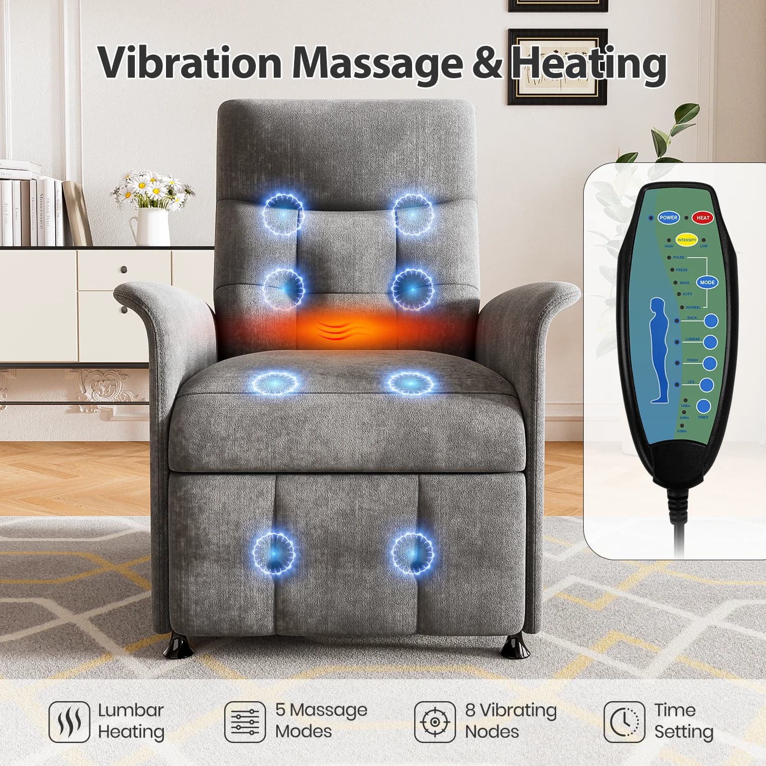 Fauteuil inclinable électrique avec métropolitain et massage, fauteuil inclinable réglable en tissu 