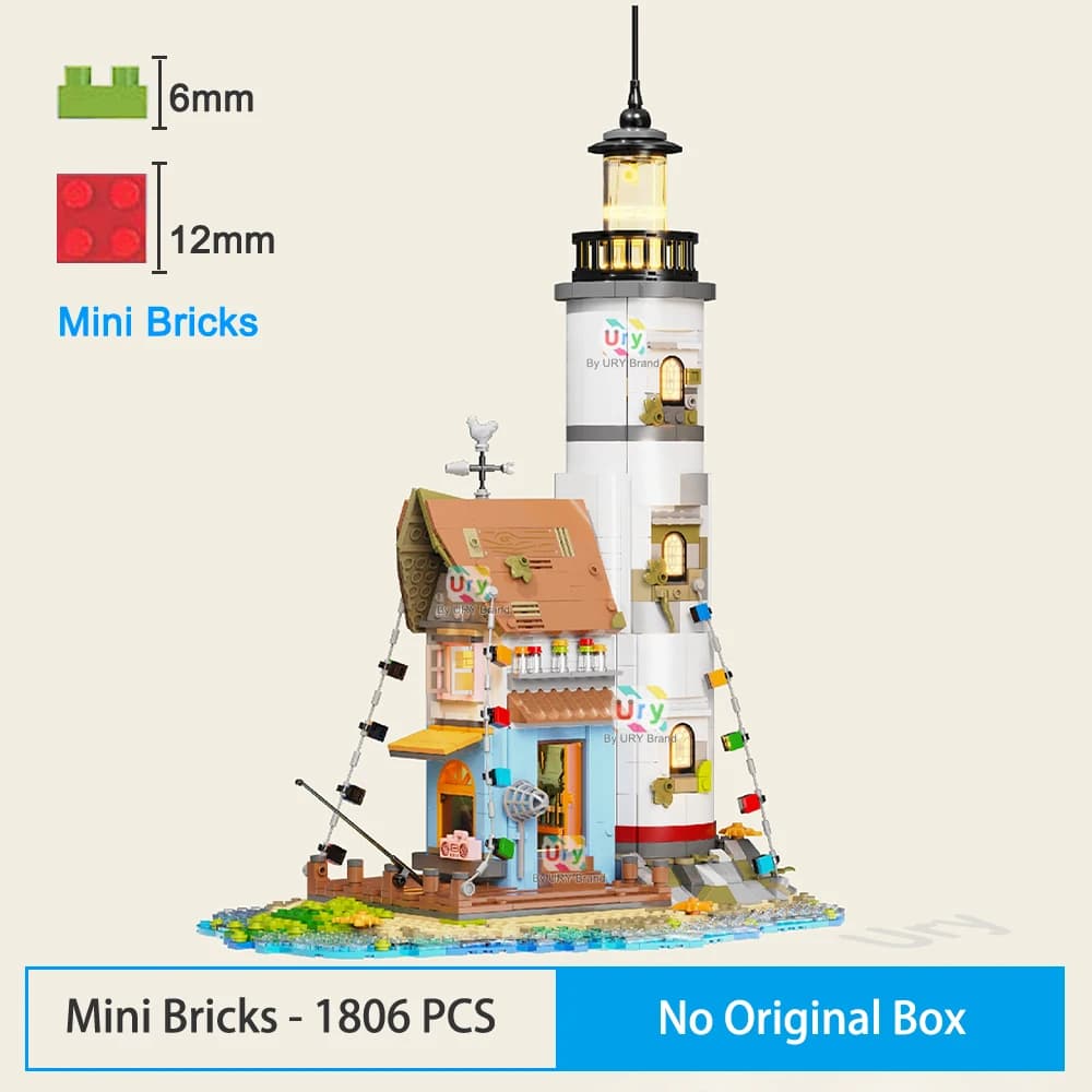 Série City Street View : Phare en bord de mer, quai, maison de pêcheur, jouets rétro DIY, architectu