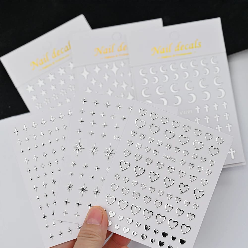 Autocollants pour ongles en métal argenté, 6 feuilles, étoiles métalliques 3D, autocollants pour Nai