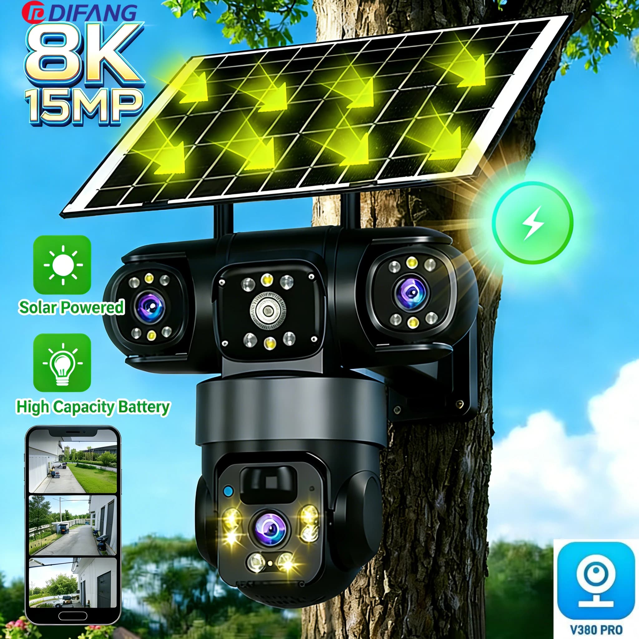 Caméra de sécurité WiFi solaire, vidéosurveillance PTZ à Triple écran V380 Pro, suivi automatique AI