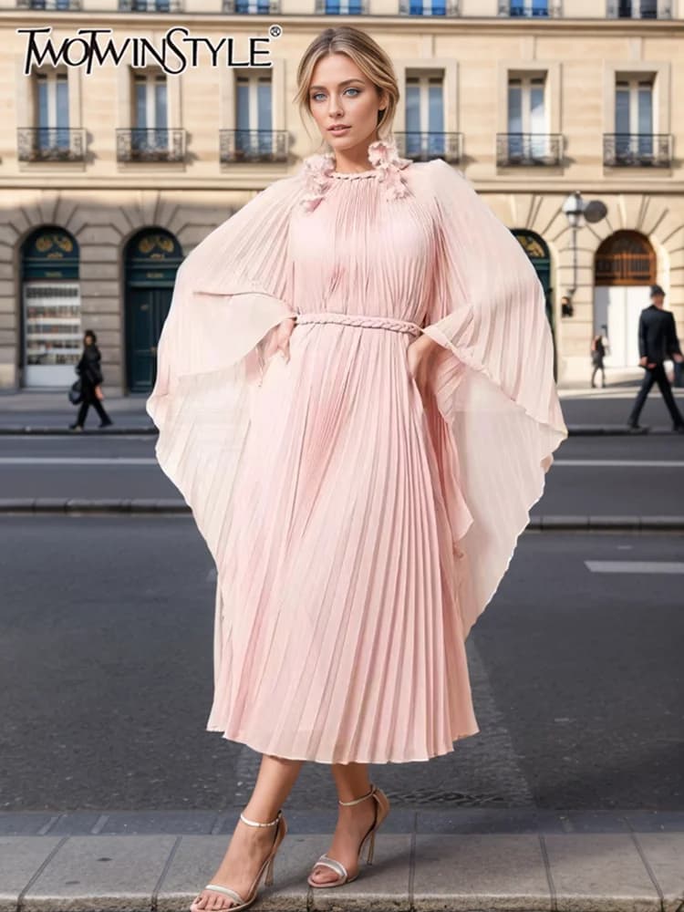 TWOTWurea YLE-Robes plissées solides pour femmes, col rond, manches chauve-souris, taille haute, min