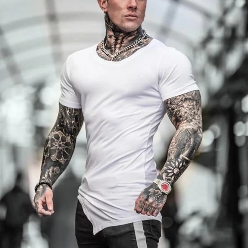Couleur unie à manches courtes coupe ajustée col en v chemises gymnase musculation Fitness Muscle T-