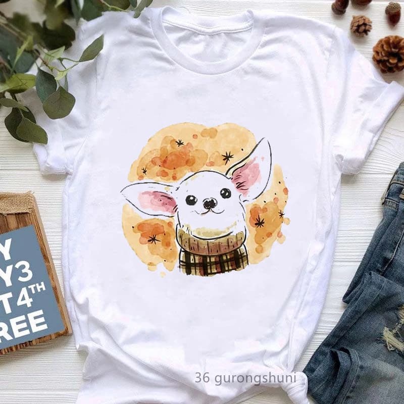 T-Shirt blanc pour Femme, avec un graphique imprimé, Chihuahua, Harajuku, Kawaii