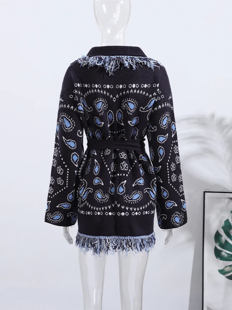 Cardigan imprimé Vintage avec pompons pour femme, col en v, manches longues, pull épissé, assorti av