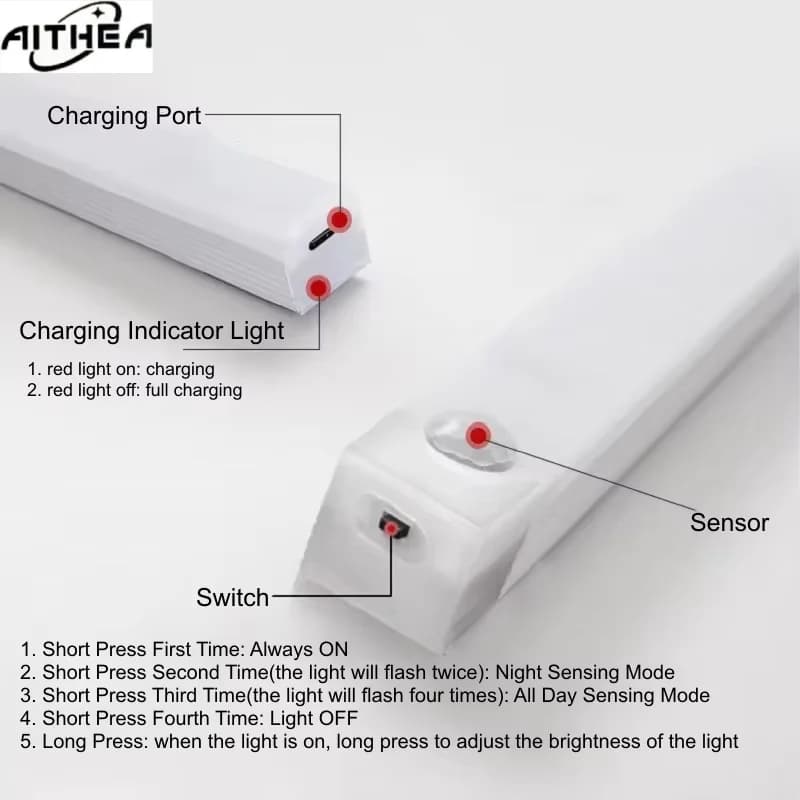 Lampes LED à détecteur de mouvement PIR rechargeables par USB AITHEA, barres lumineuses à intensité 