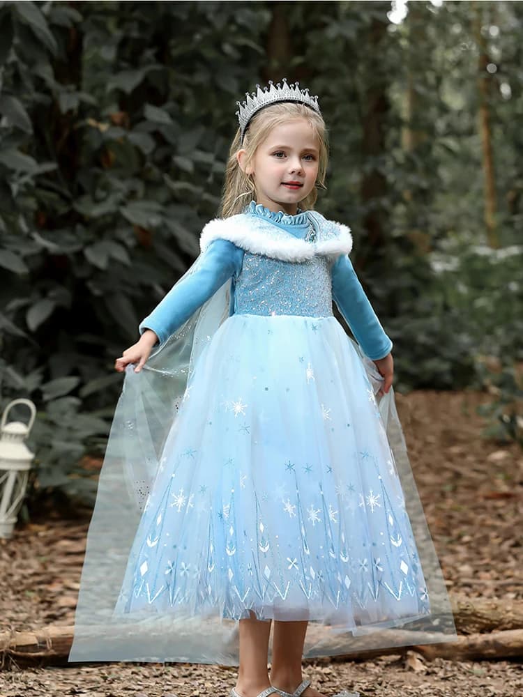 Robe de princesse Elsa la reine des neiges en velours pour filles, ensemble 2 pièces Cape bleue, rob