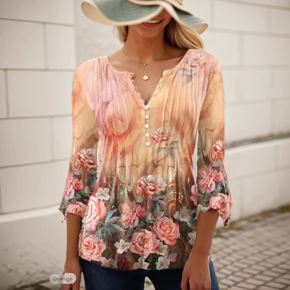 Chemisier à manches courtes et col en V pour femmes, chemise imprimée de fleurs 3D, pull boutonné, h