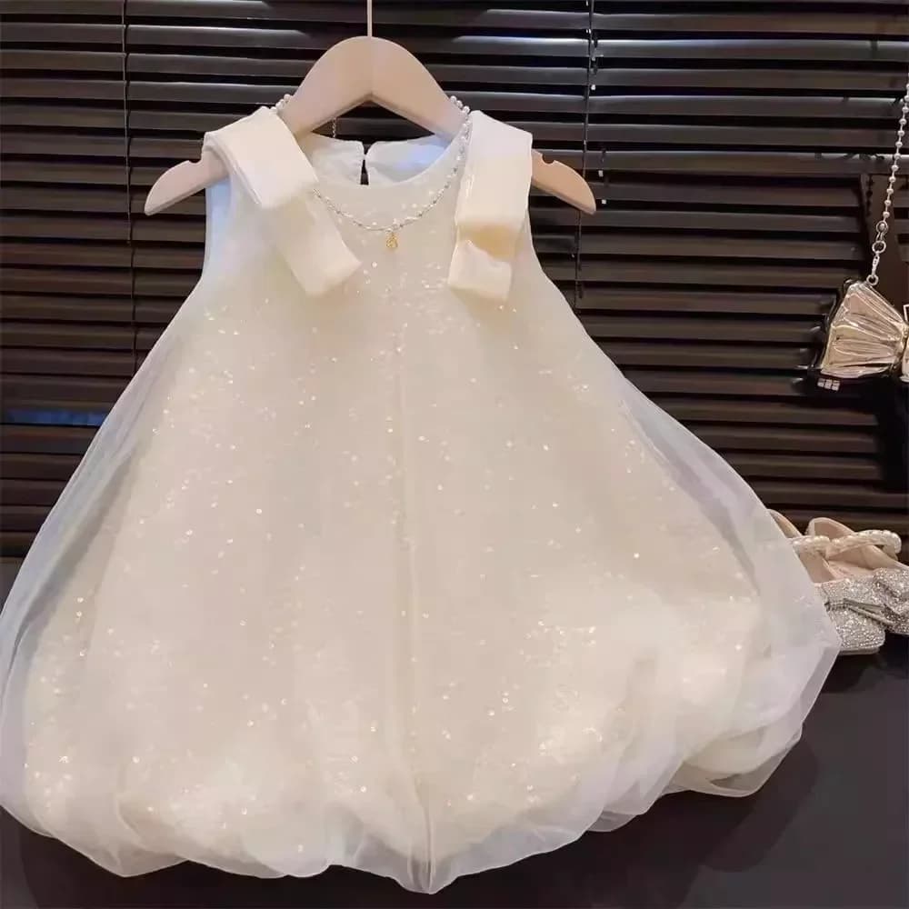 Robe d'été en dentelle à paillettes pour filles, tenue de princesse à bulles, avec nœud, Version cor