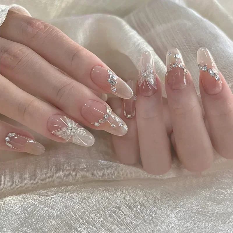 24 pièces amande Pure fait à la main presse sur les ongles couverture complète papillon français per