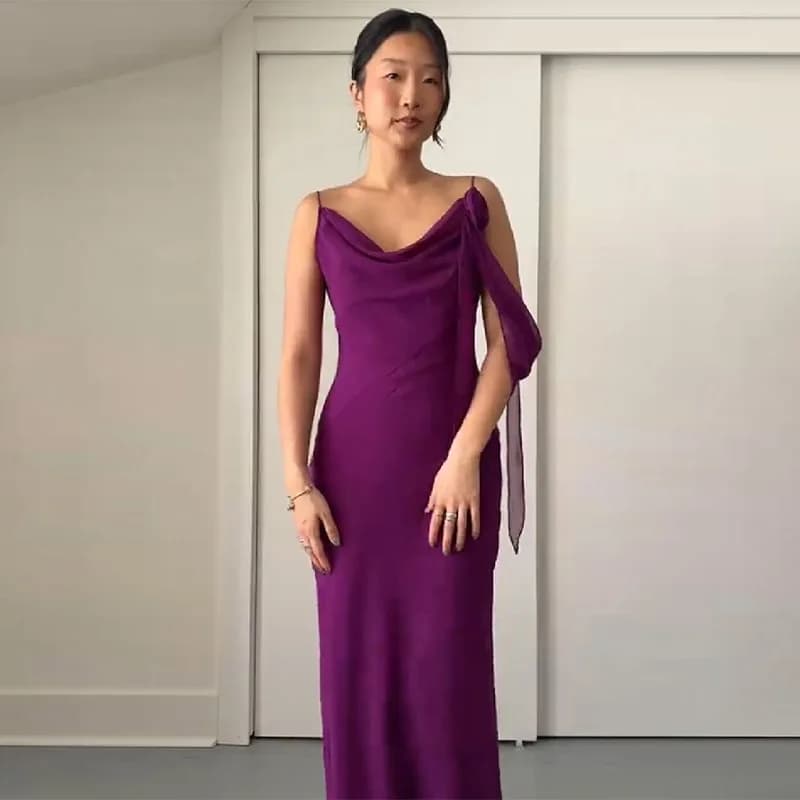 Robe longue en mousseline violette pour femme, collection été 2026, avec bretelles spaghetti, col dr