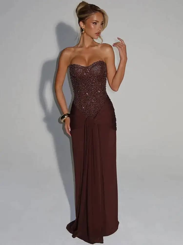 Mozision Sparkle épaules dénudées Sexy robe Maxi femmes élégant paillettes sans bretelles dos nu san