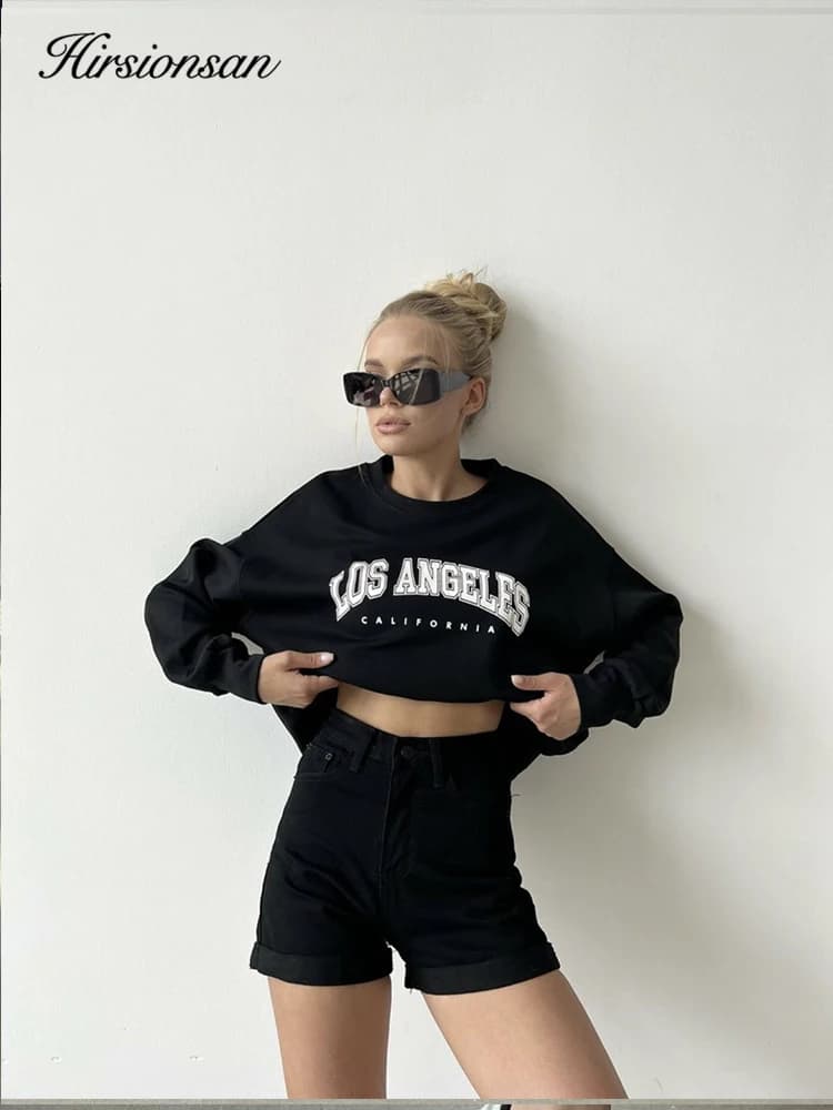 Hirsionsan-Sweat-shirt 35% coton imprimé lettre pour femme, pulls basiques, sweats à capuche coréens