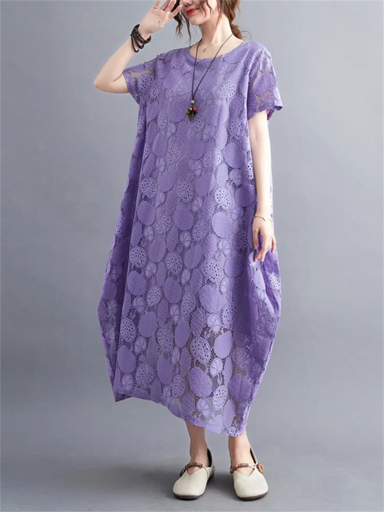 Robes d'été vintage à manches courtes et col rond en dentelle pour femmes 2026 – Nouvelle collection