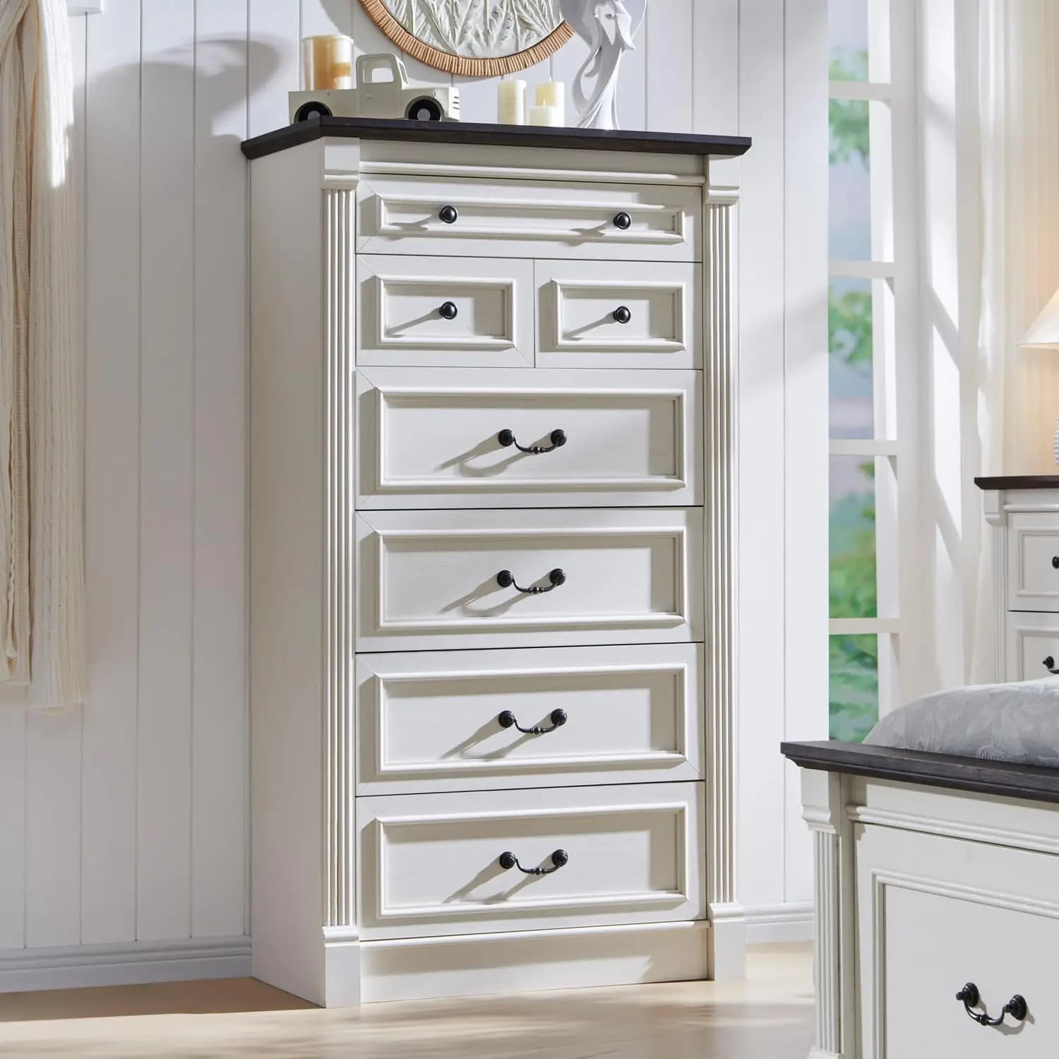 Commode Farmhouse à 7 tiroirs, grande commode à colonne romaine de 57 po, chambre à coucher, couloir