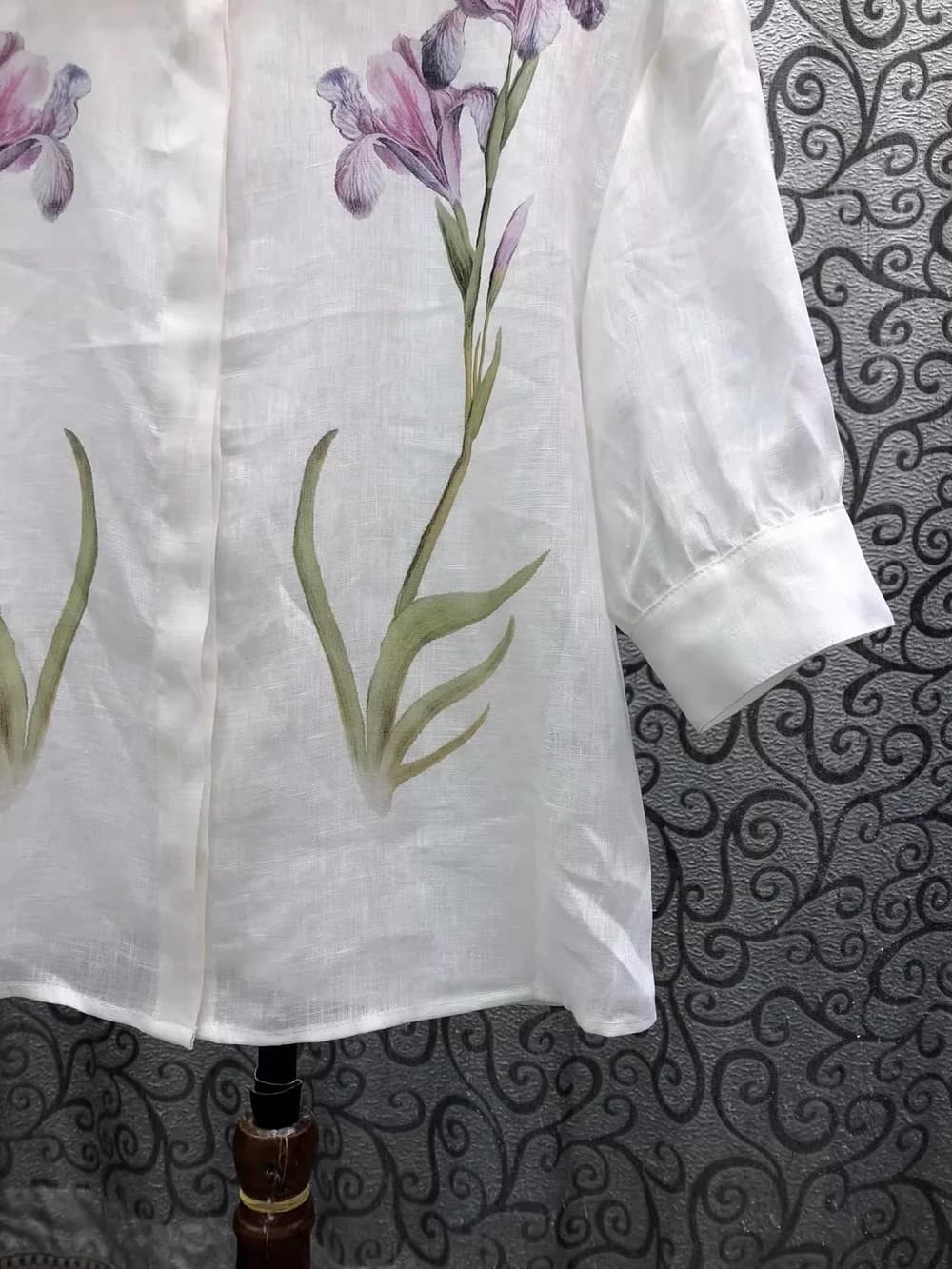 Chemisier 100% Lin pour Femme, Style Printemps-Été 2026, Col Rabattu, Imprimé Floral Violet, Manches