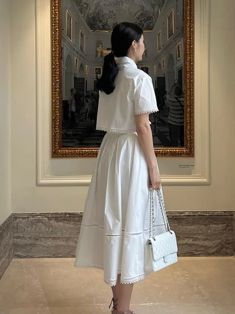 GALCAUR-Ensemble Deux Pièces Élégant pour Femme, Revers, Manches Courtes, Taille Haute, Ligne A, Jup