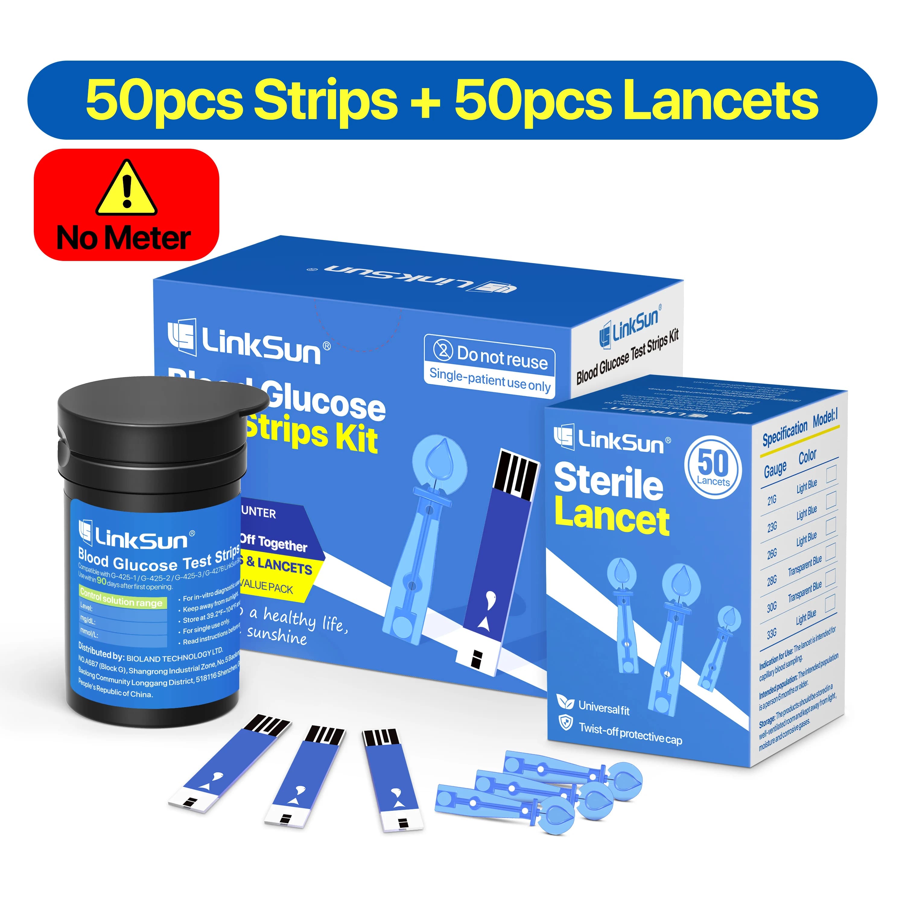 (pour G-425-2/-3/427B) 50/100/200/300/500 pièces bandes de Test de glycémie Linksun et lancettes pou