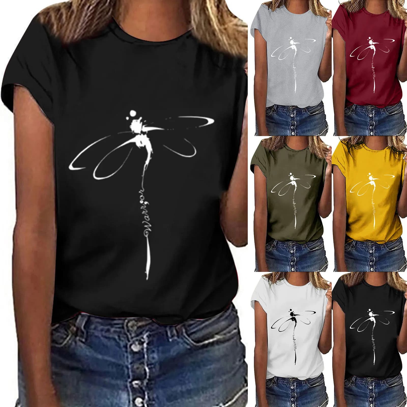 Hauts libellule imprimé col Original chemise de Base décontractée à manches courtes femmes T-shirt s