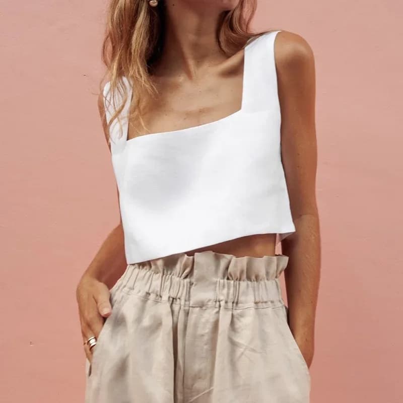 Haut court 100 % lin blanc, col carré vintage, sans manches, style streetwear, vert, collection été 