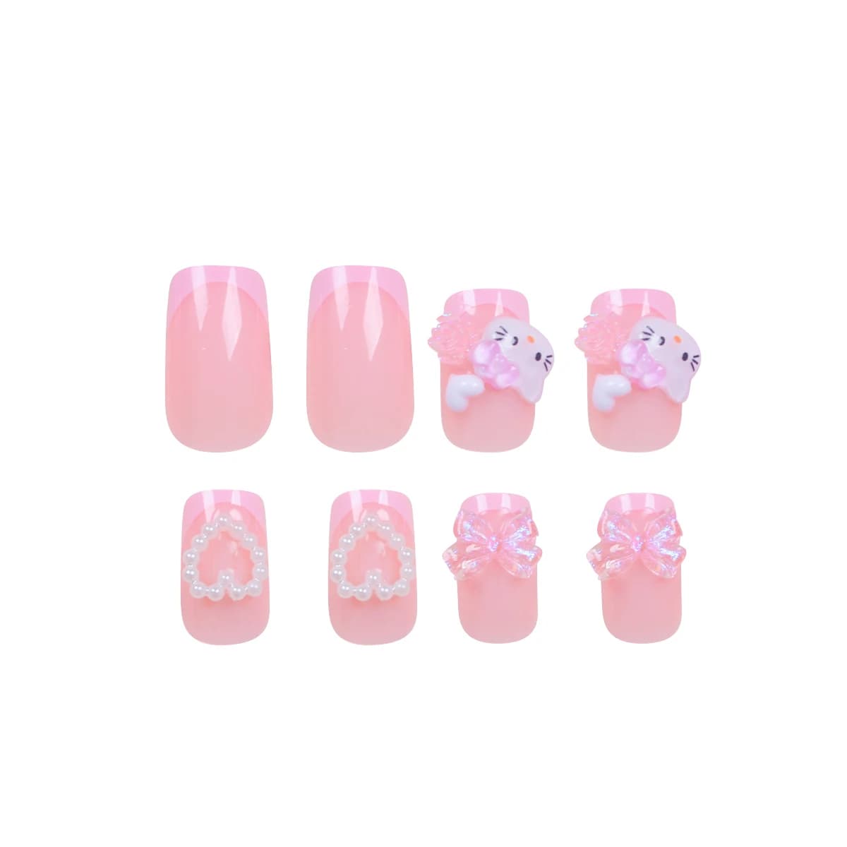 24 ongles carrés moyens rose français mignon dessin animé chat blanc amour camélia Patch pour ongles