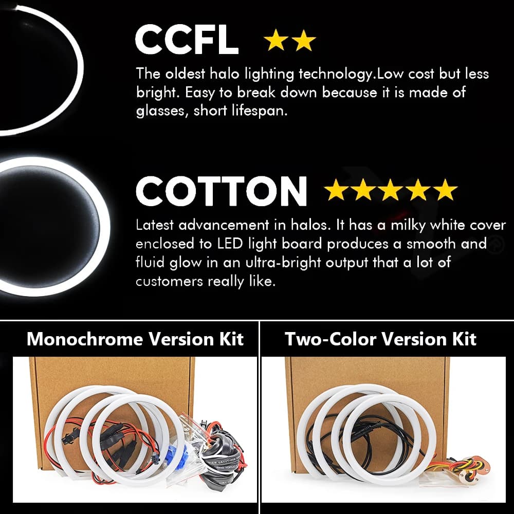Lampes en forme d'yeux d'ange pour BMW, 2 x(131MM + 106MM) LED double couleur, anneaux en coton, SMD