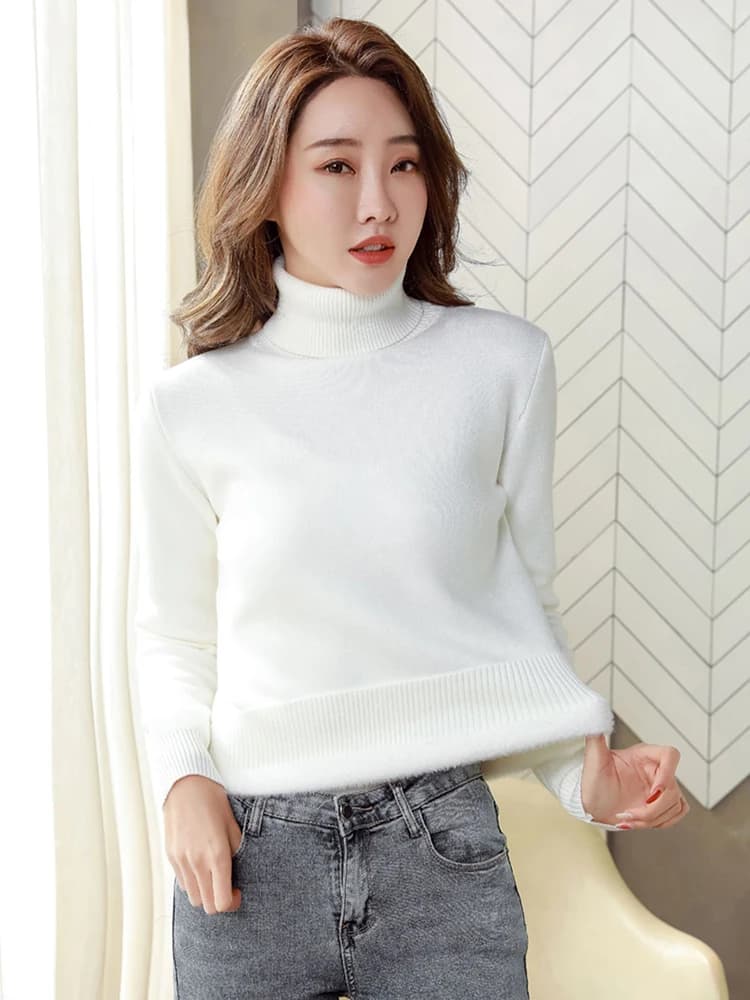 Pull pour femmes hiver épaissir col roulé mince tricot pull nouveau chaud en peluche velours doublé 