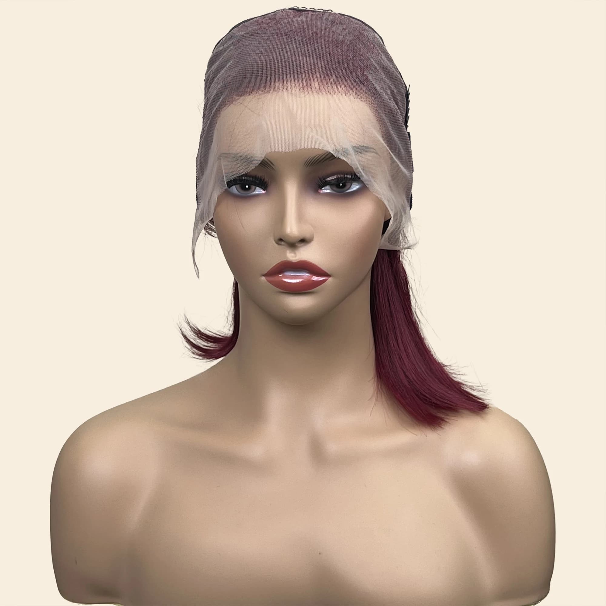 Perruque Bob Lace Front Wig Remy Naturelle Lisse, Cheveux Courts, Bordeaux 99J, 13x4, Pre-Plucked, D