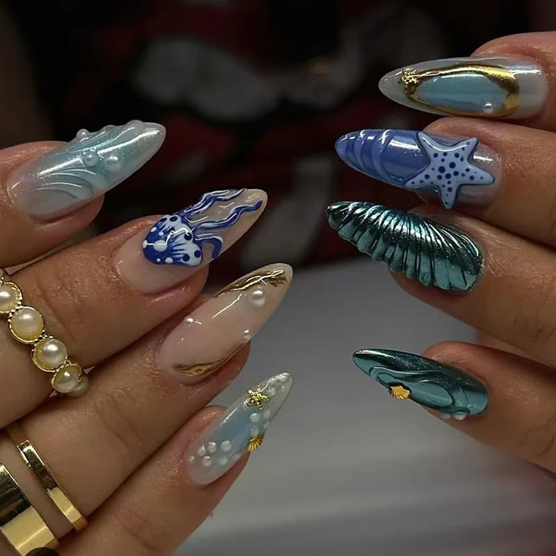 24 pièces amande faux ongles conseils été plage ongles colorés ensembles avec perle fleur conception