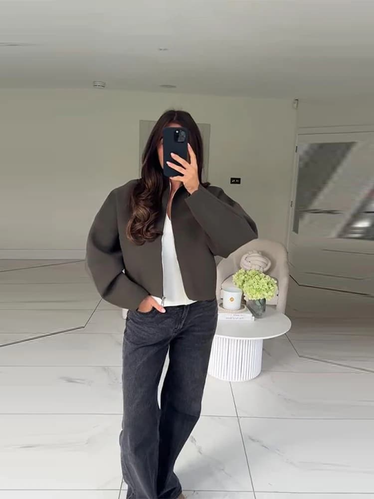 Veste courte Vintage à col montant pour femme, manteau ample et chaud avec fermeture éclair, manches