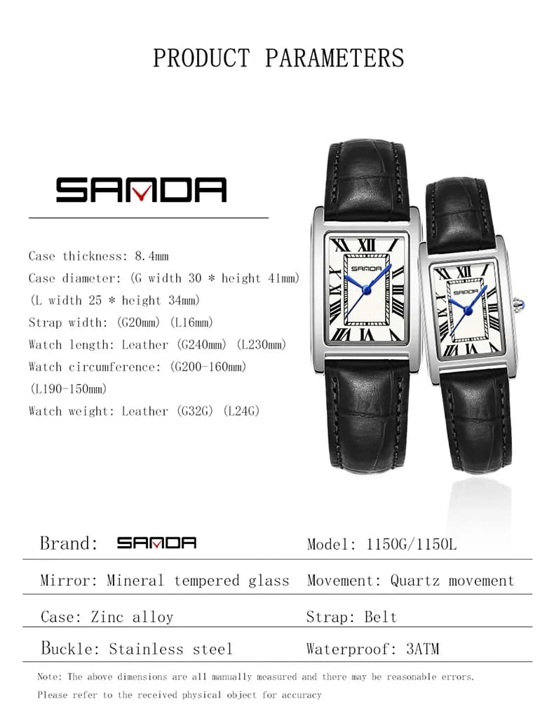 SANDA luxe réservoir Couple montre résistant à l'usure bracelet en cuir cadran carré étanche Sport d