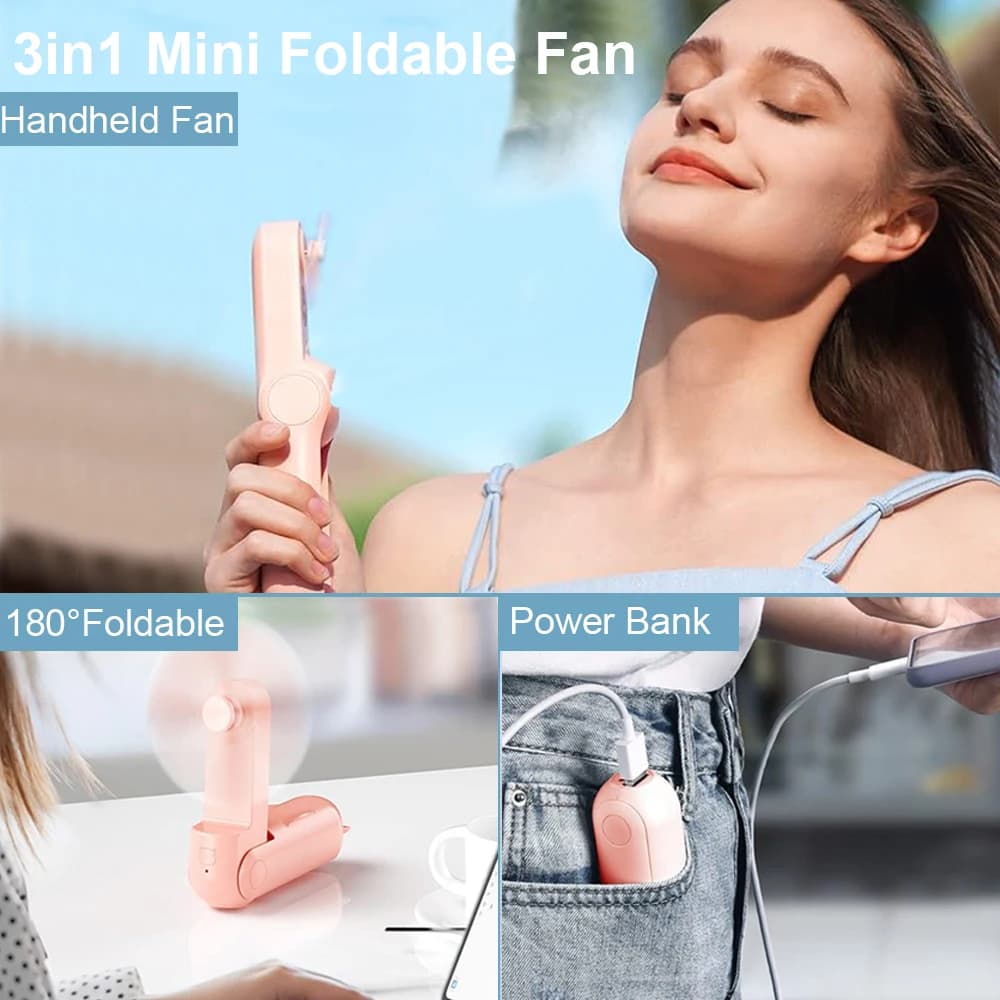 Super Mini ventilateur portable aste USB, ventilateur de poche pliable, batterie externe 2000mAh, 3 
