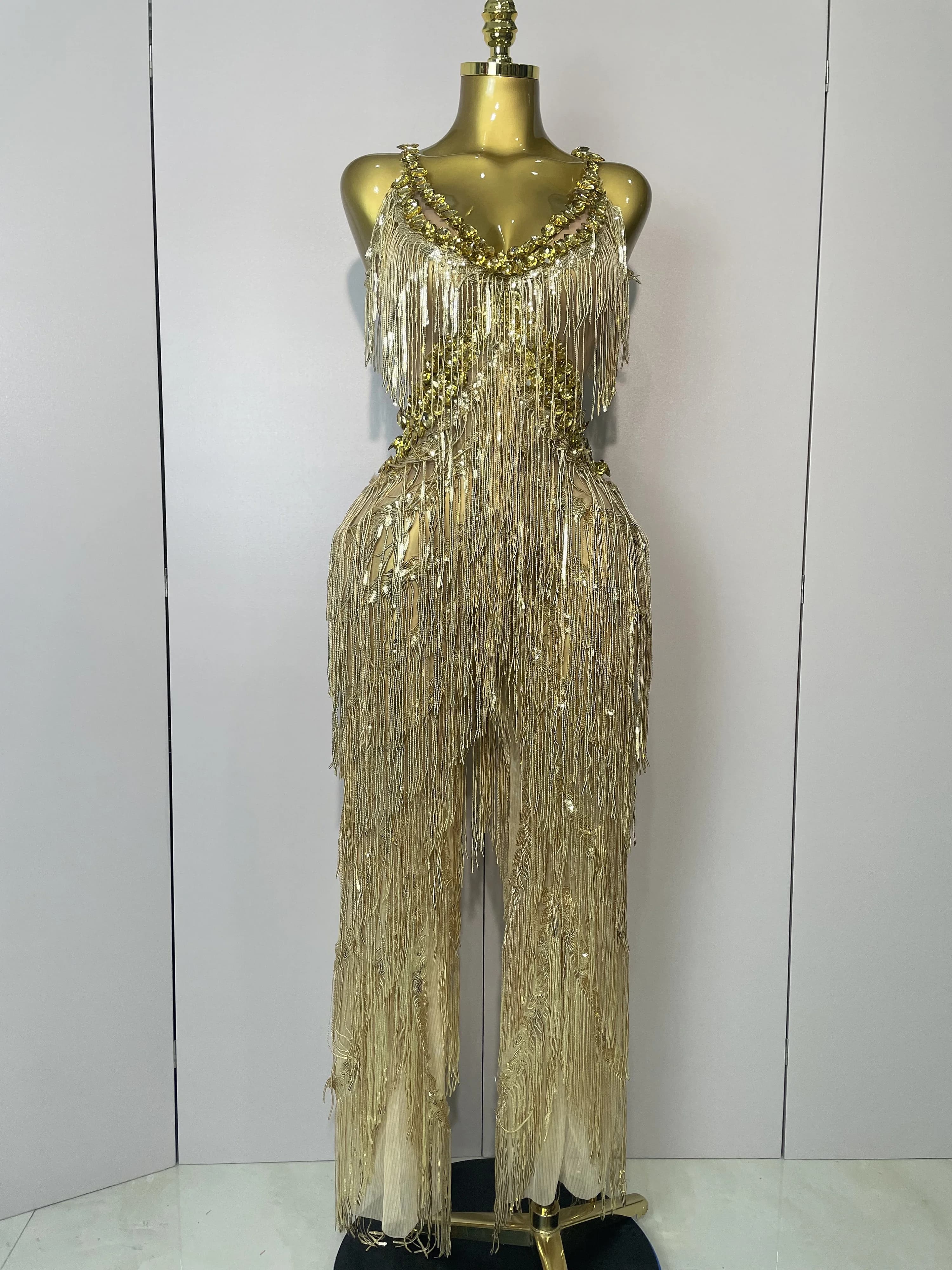 Combinaison à jambes larges pour femmes, strass dorés brillants, franges pailletées, tenue de soirée