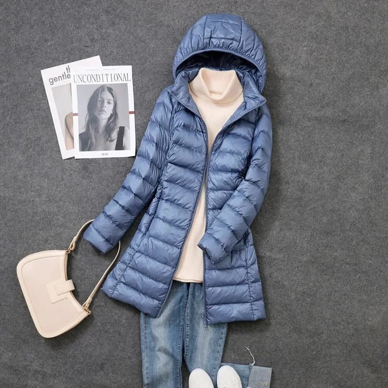 Veste de printemps ultralégère et fine pour femme, longue, pliable, chapeau détachable, jupe cintrée