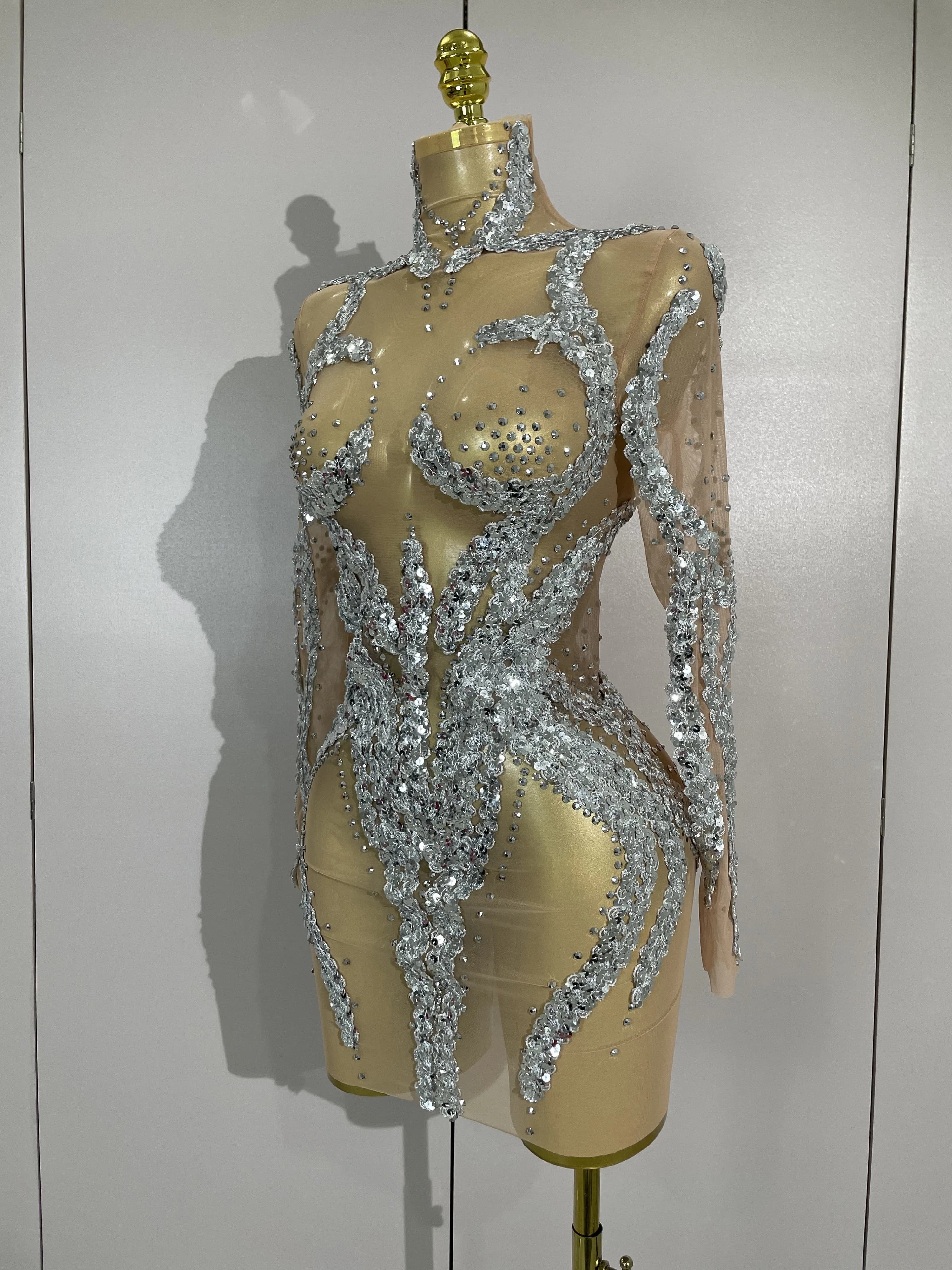 STOCK strass scintillants Sexy maille transparente Mini robe réveillon fête d'anniversaire danse dis