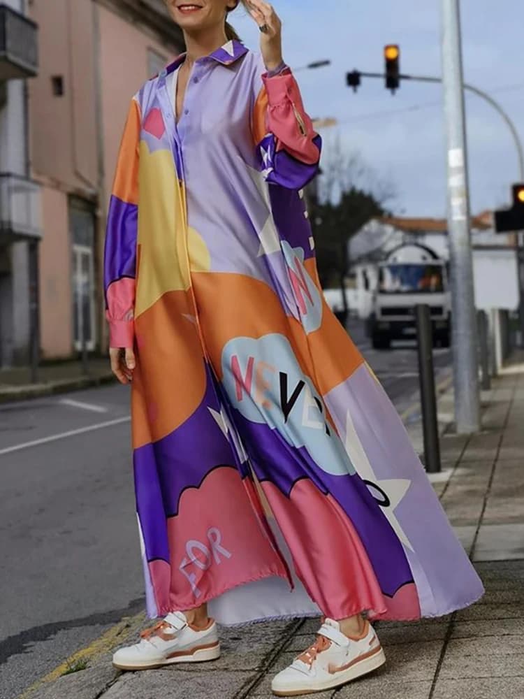 Robe longue décontractée à col rabattu pour femmes, patchwork, imprimé coloré, dame de bureau, robe 