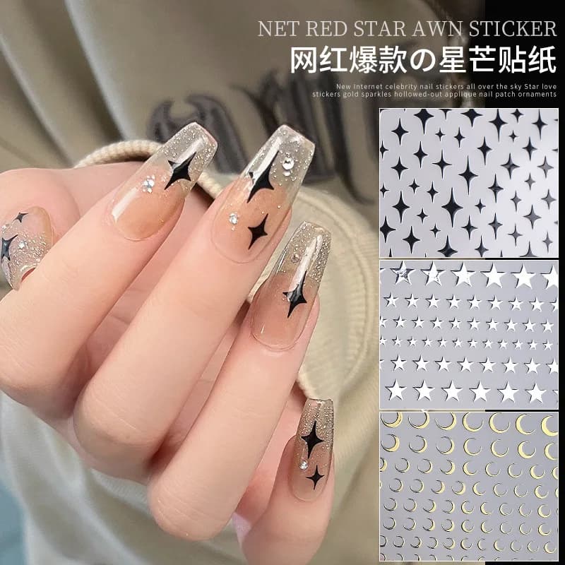 Autocollants 3D étoile or argent pour Nail Art, décalcomanies croissant de lune noir et blanc, autoc