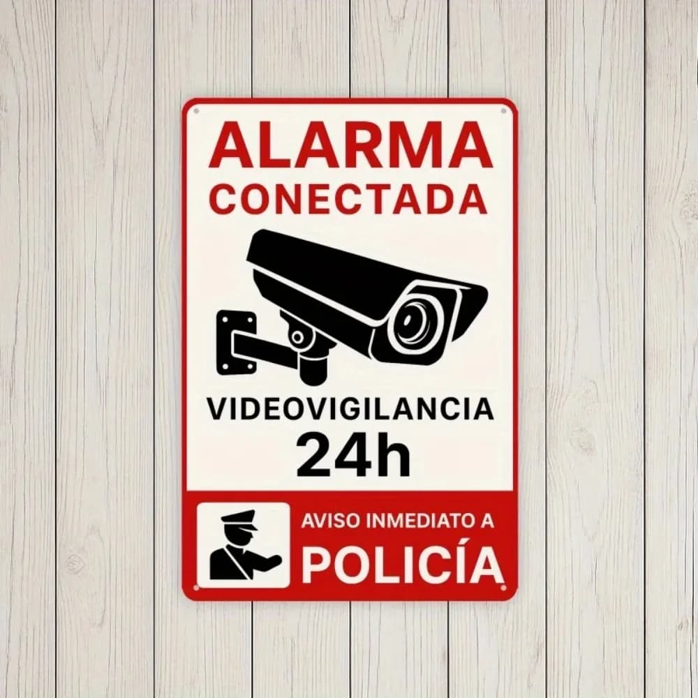 Panneau métallique vintage espagnol « Avertissement d'alarme de surveillance » - Décoration murale p