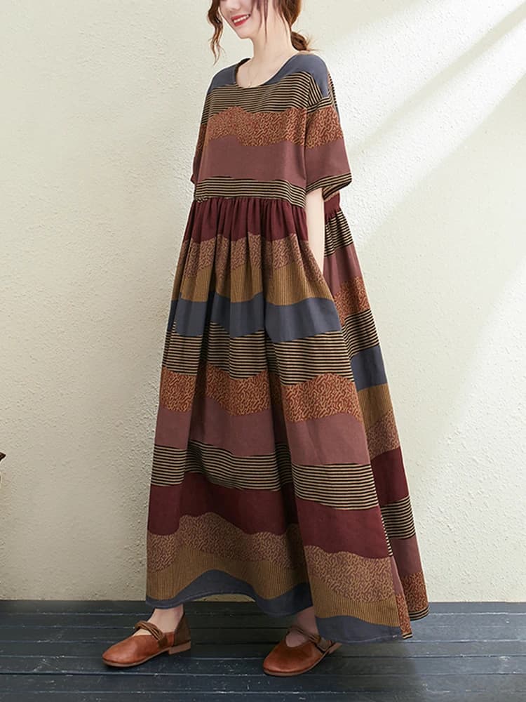 Nouvelle Robe Longue d'Été 2026 en Coton et Lin à Manches Courtes, Imprimé Rayé Vintage, Élégante po