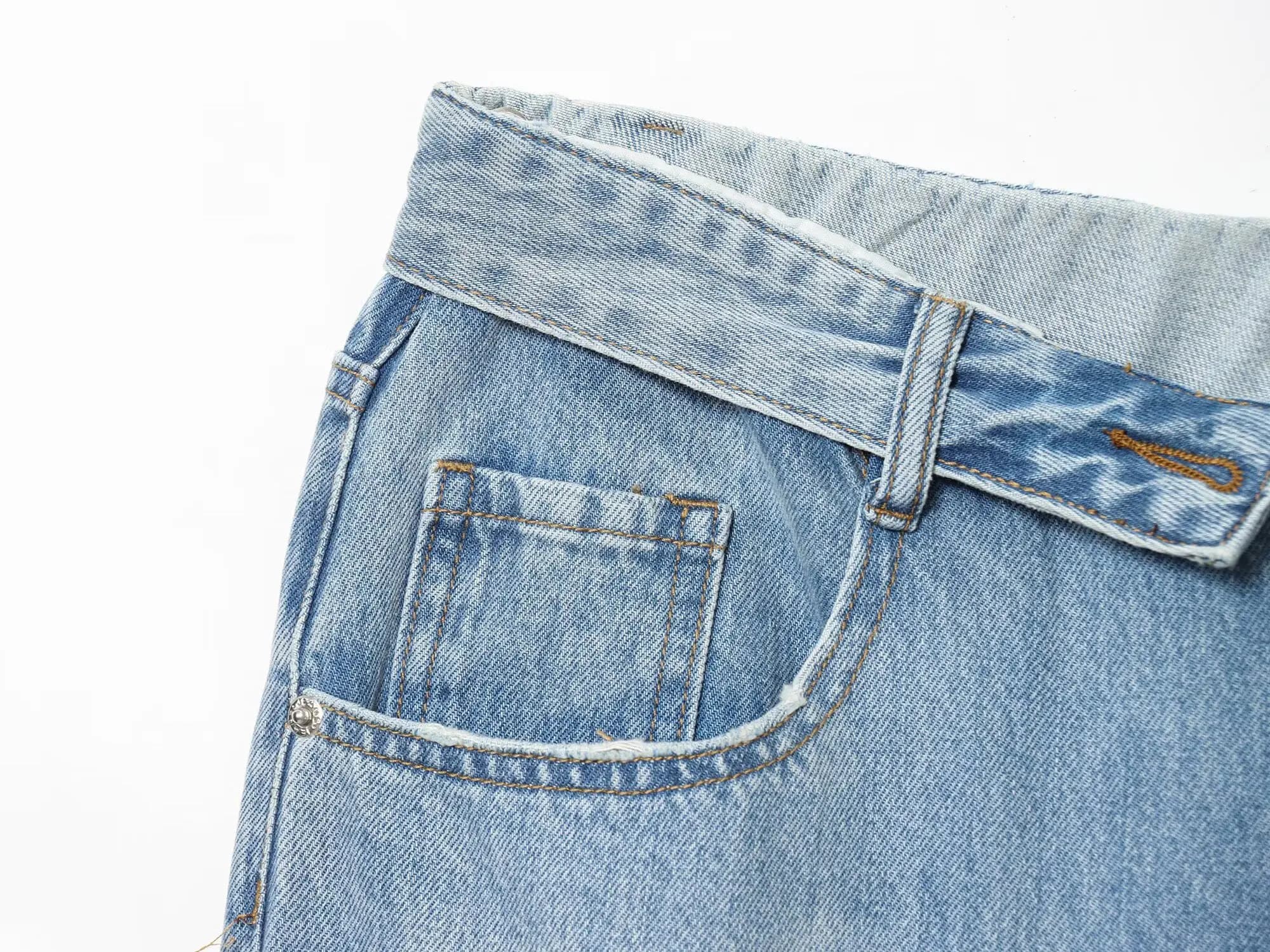 ETJ 2025 femmes nouvelle mode de rue taille pliable taille moyenne jean déchiré délavé version ample