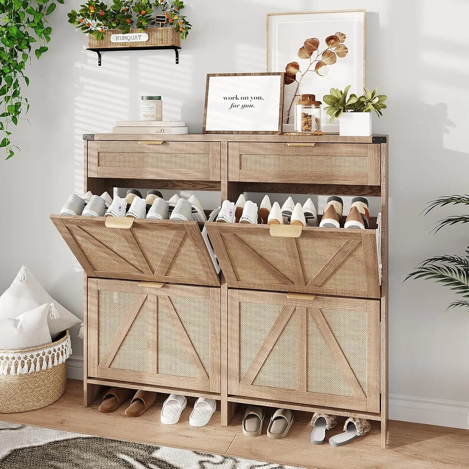 Meuble à chaussures avec 4 tiroirs basculants et 2 tiroirs, meuble de rangement à chaussures de styl